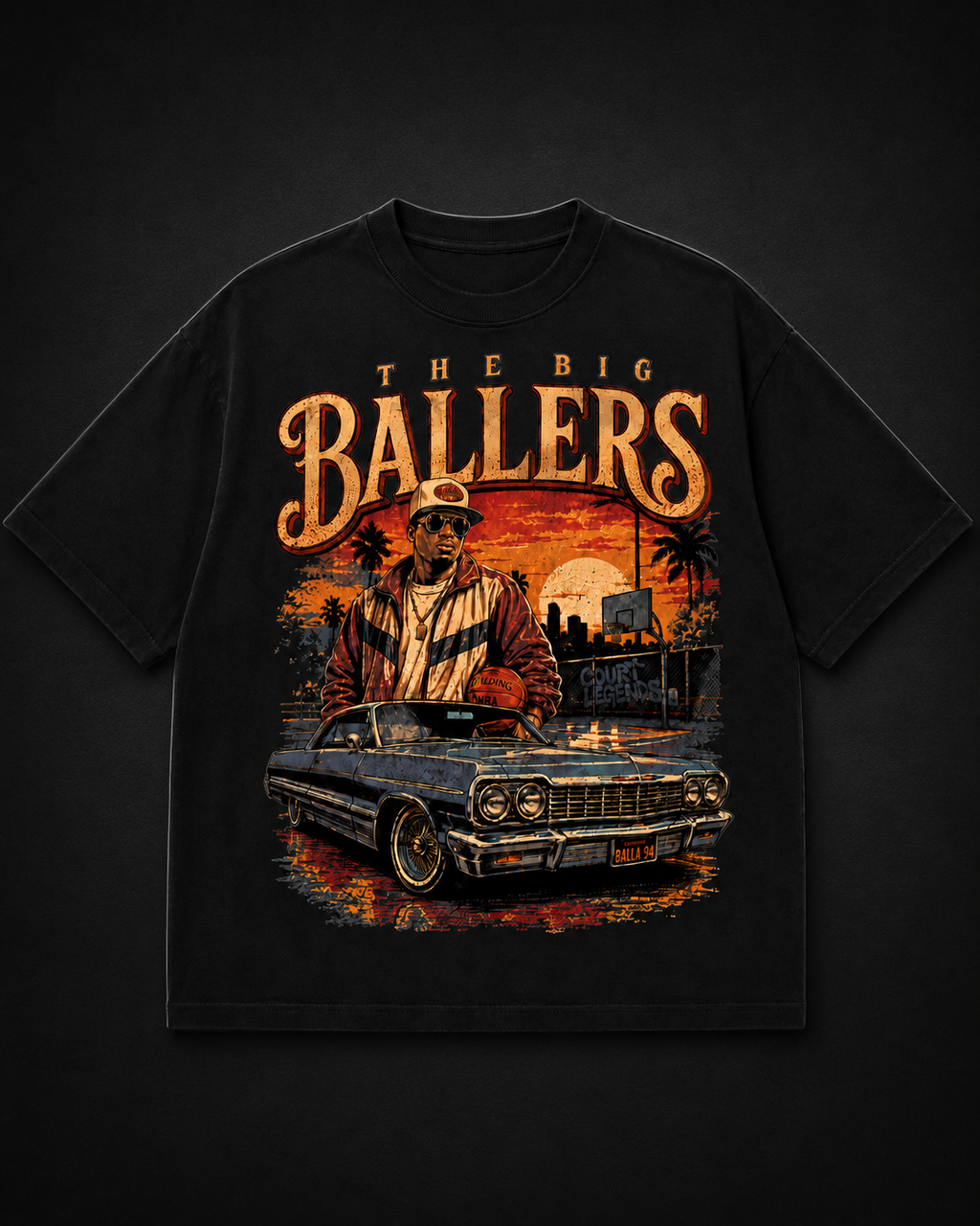 Big Ballers Tee black oversized basketball graphic t-shirt product mockup on dark background