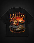 Big Ballers Tee black oversized basketball graphic t-shirt product mockup on dark background