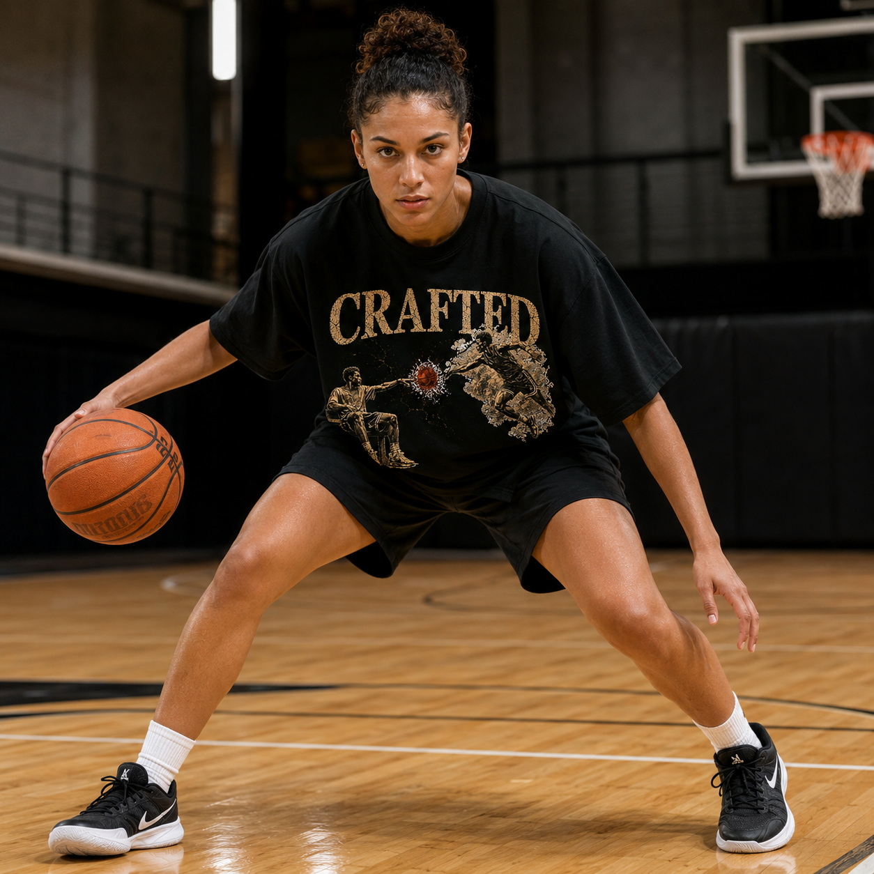 Woman holding a basketball on a court wearing a black 'Crafted' t-shirt.