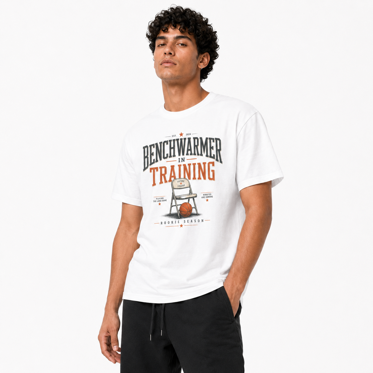 Brick City Bench Warmer basketball T-shirt model view one