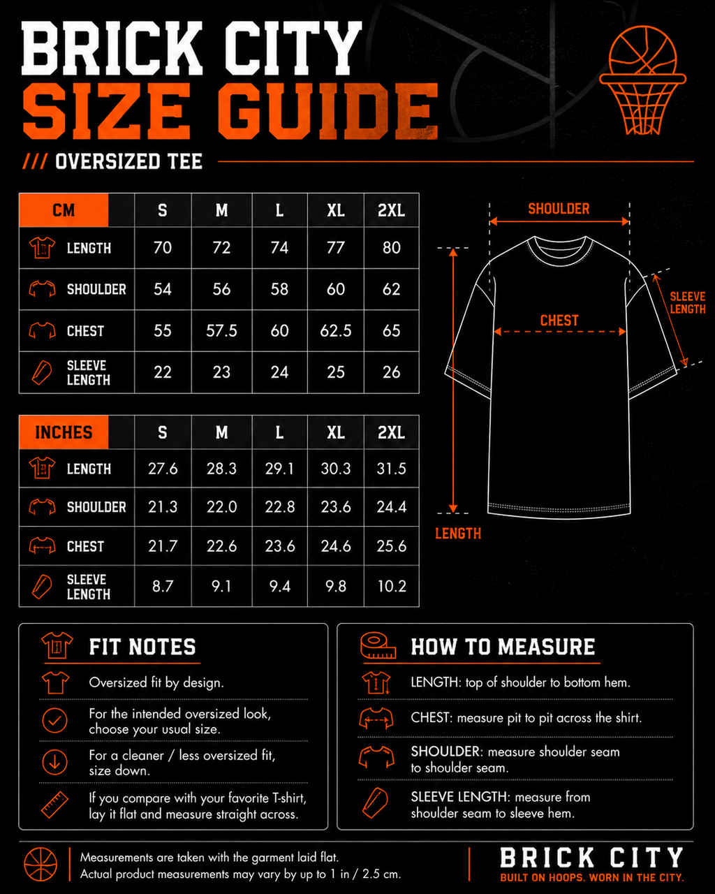 Brick City oversized tee 110U004 S to 2XL size guide with fit notes and measurement instructions