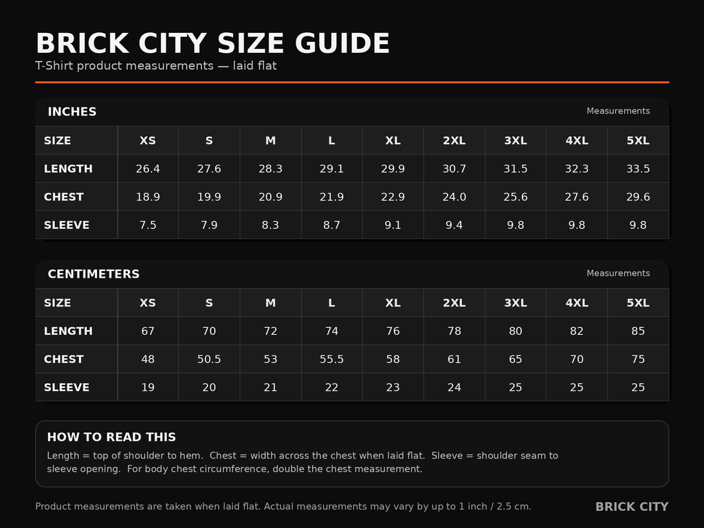 Brick City T-Shirt size guide