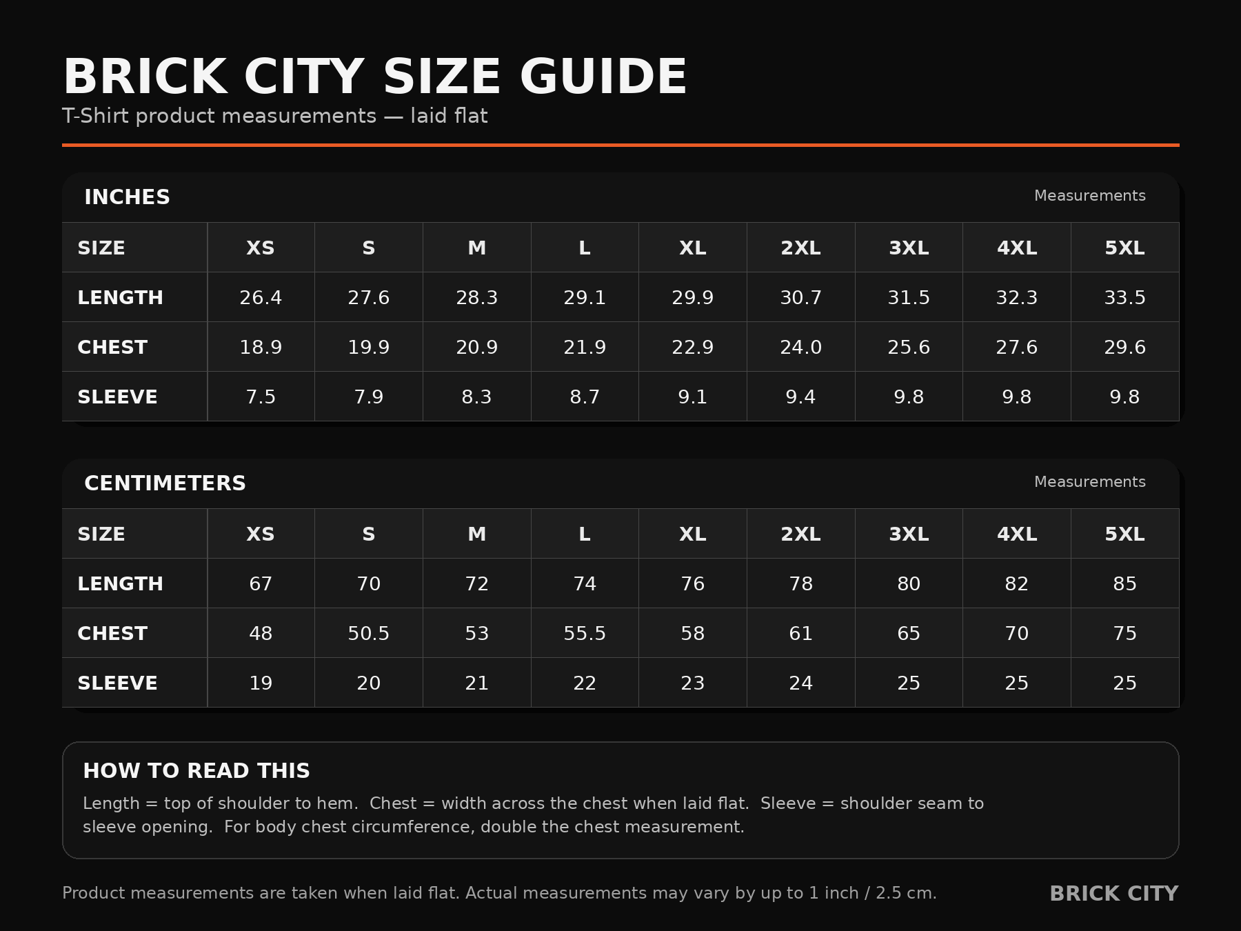 Brick City T-Shirt size guide