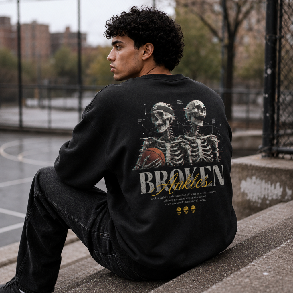 Broken Ankles Oversized Sweatshirt black back print seated court lifestyle