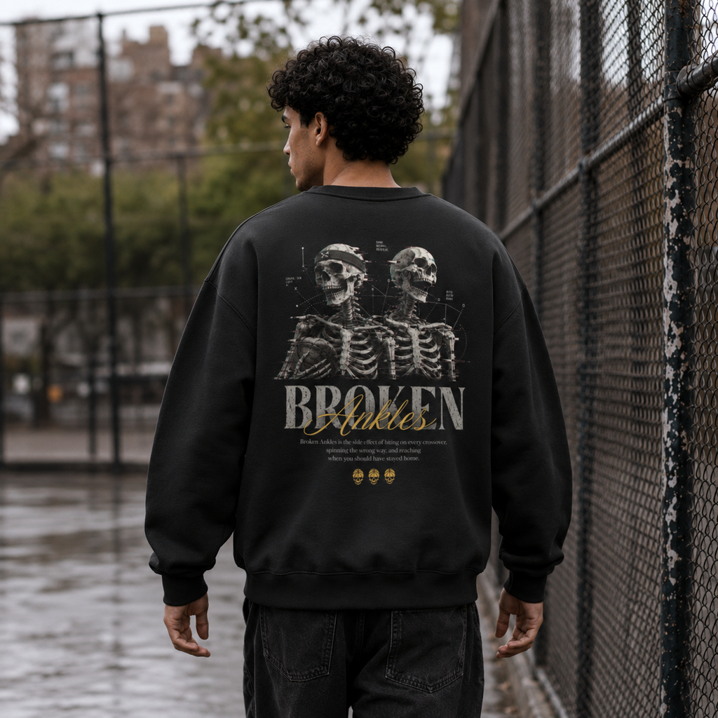 Broken Ankles Oversized Sweatshirt black back print walking lifestyle