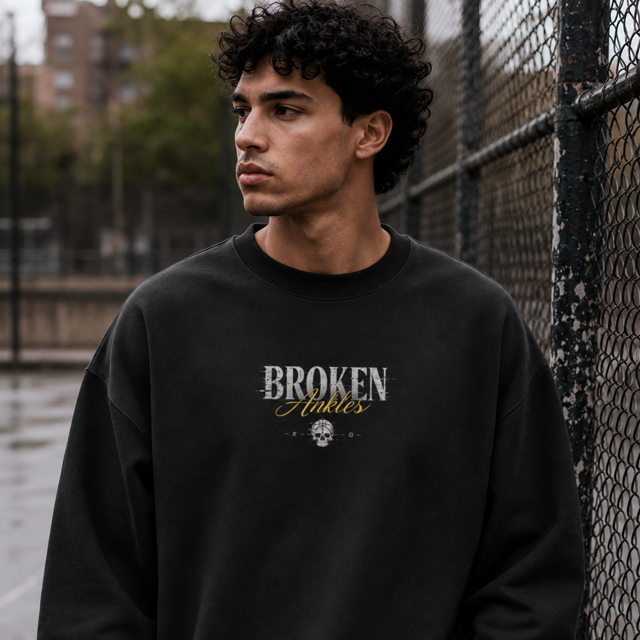 Broken Ankles Oversized Sweatshirt black front print close up lifestyle