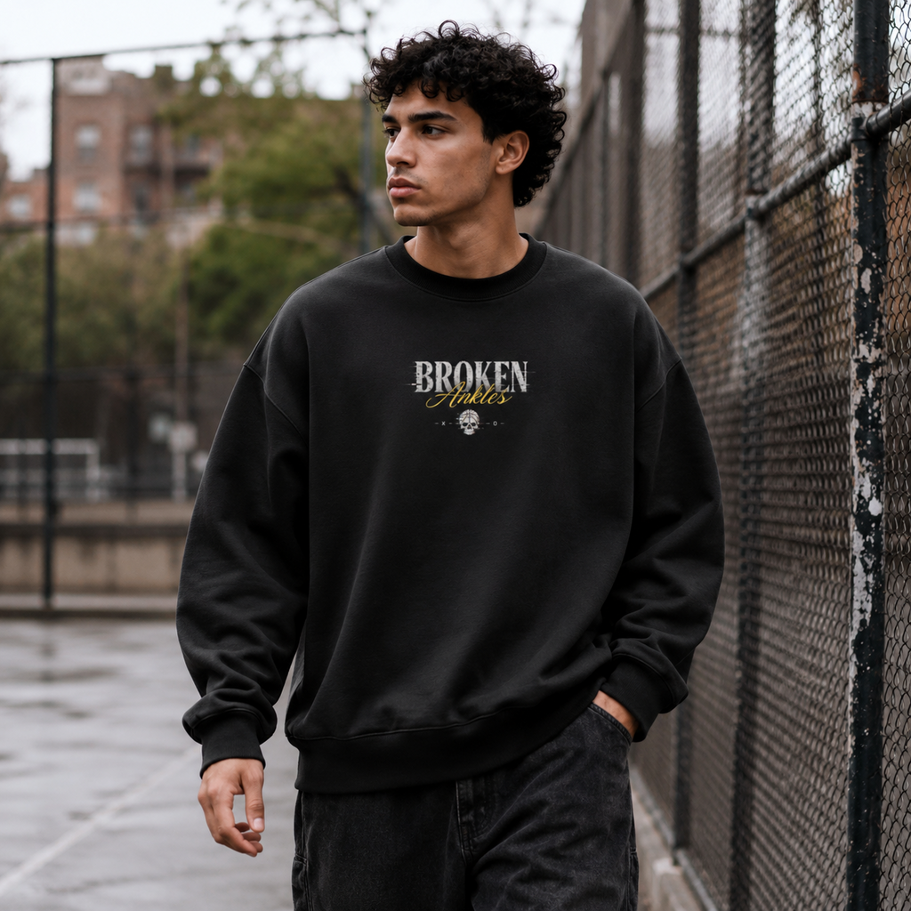 Broken Ankles Oversized Sweatshirt black front print walking lifestyle