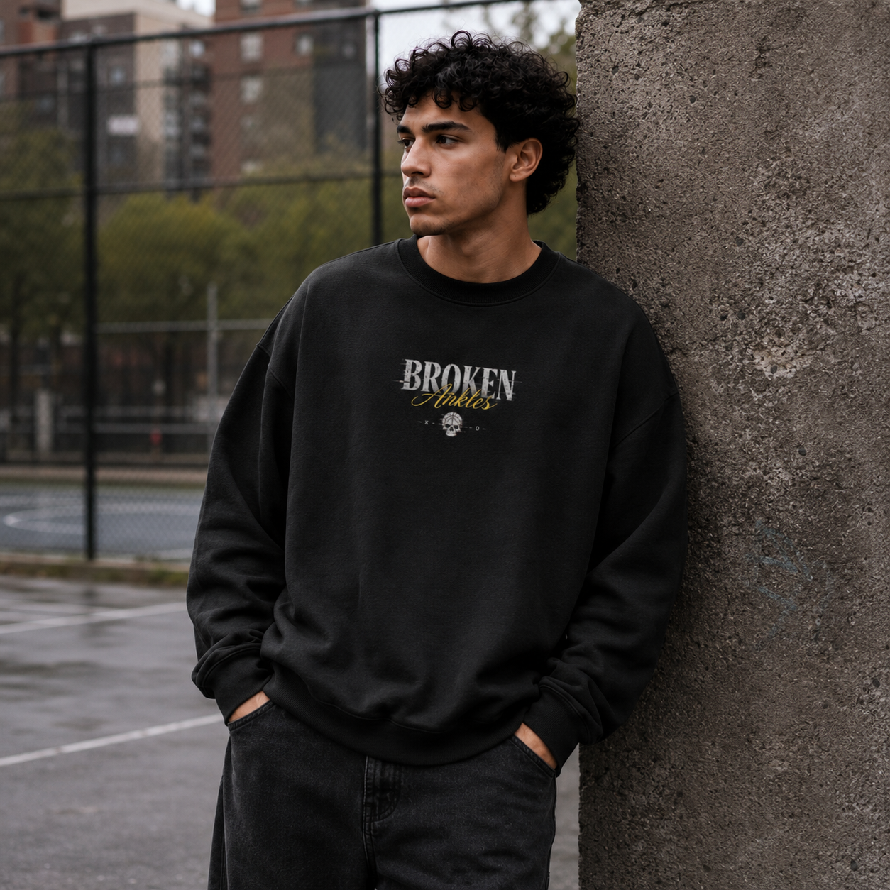 Broken Ankles Oversized Sweatshirt black front print wall lifestyle
