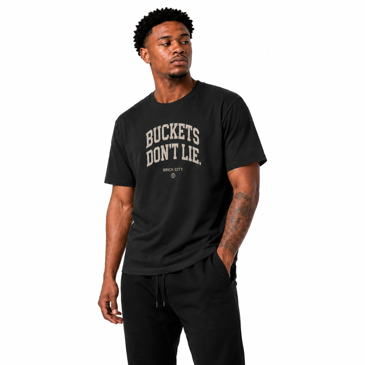 Buckets Don’t Lie T-Shirt on Brick City model in studio view two