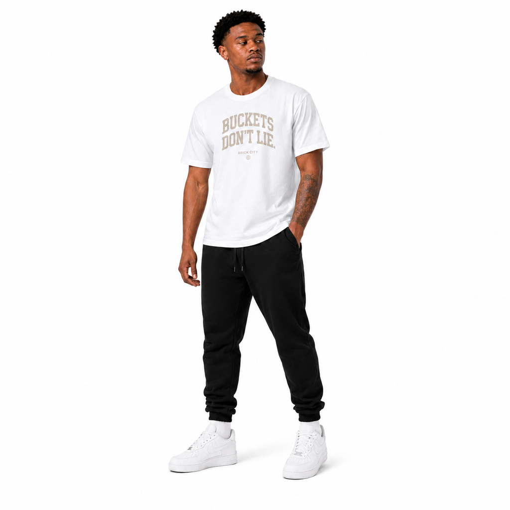 Buckets Don’t Lie T-Shirt on Brick City model in studio view three