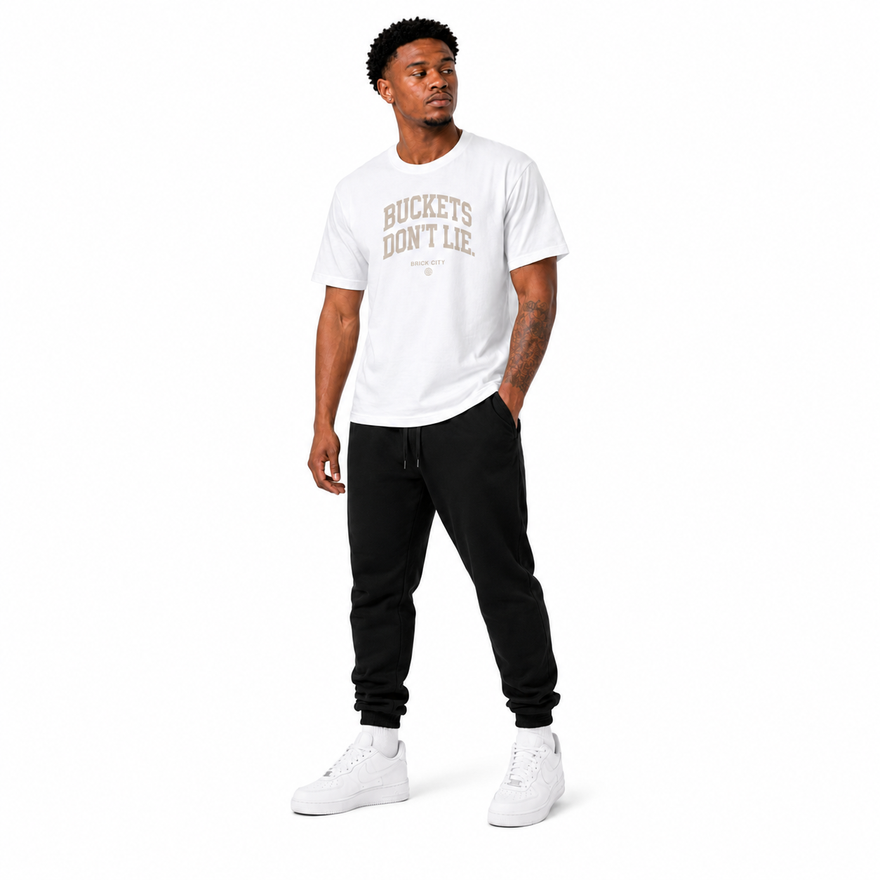 Buckets Don’t Lie T-Shirt on Brick City model in studio view three