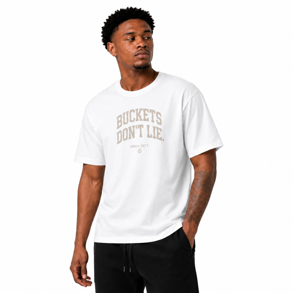 Buckets Don’t Lie T-Shirt on Brick City model in studio view four