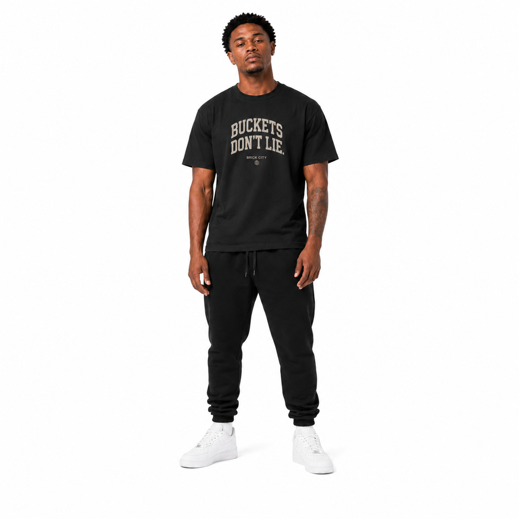 Buckets Don’t Lie T-Shirt on Brick City model in studio view five