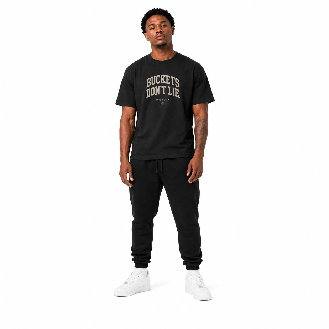 Buckets Don’t Lie T-Shirt on Brick City model in studio view five