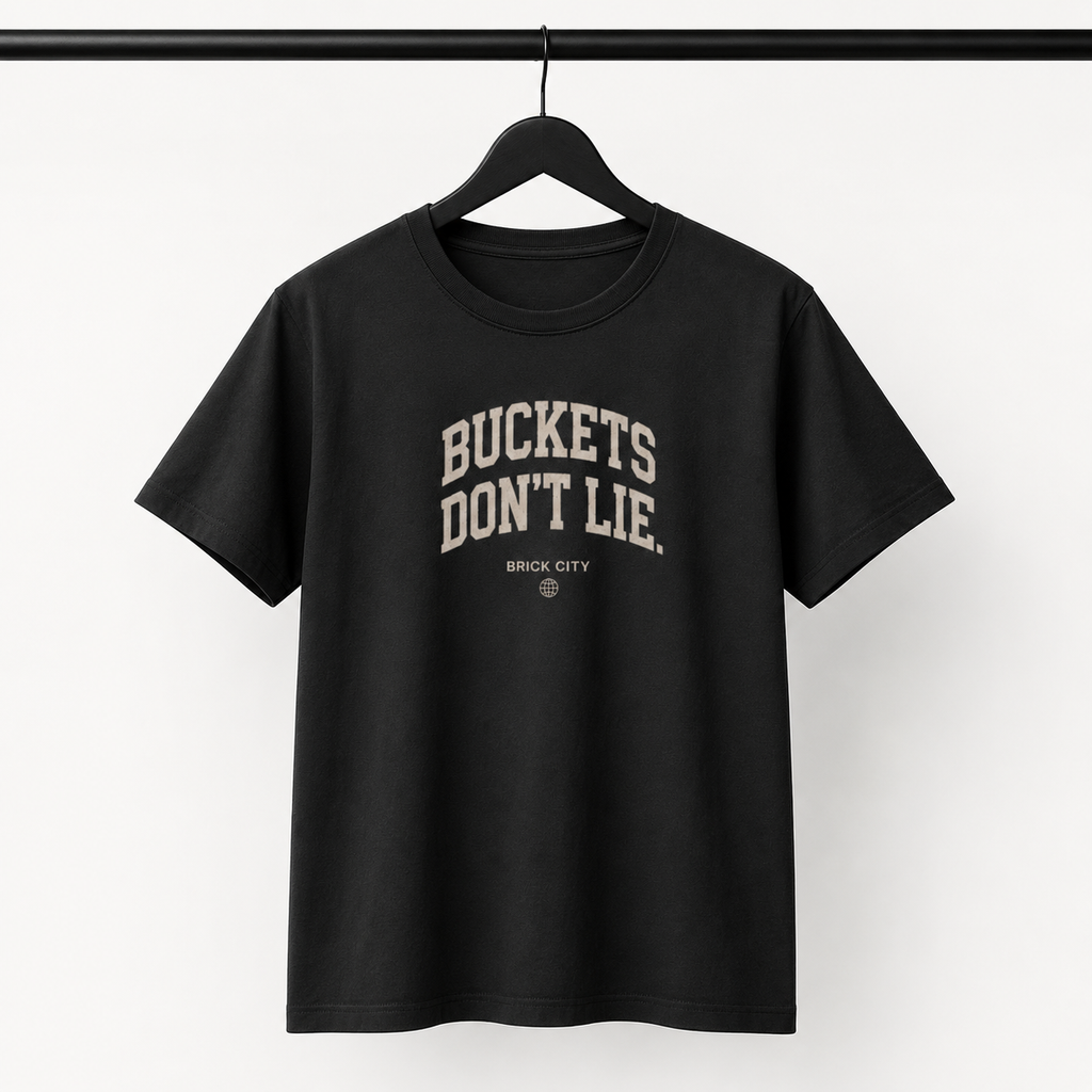 Buckets Don’t Lie T-Shirt by Brick City on a studio product mockup