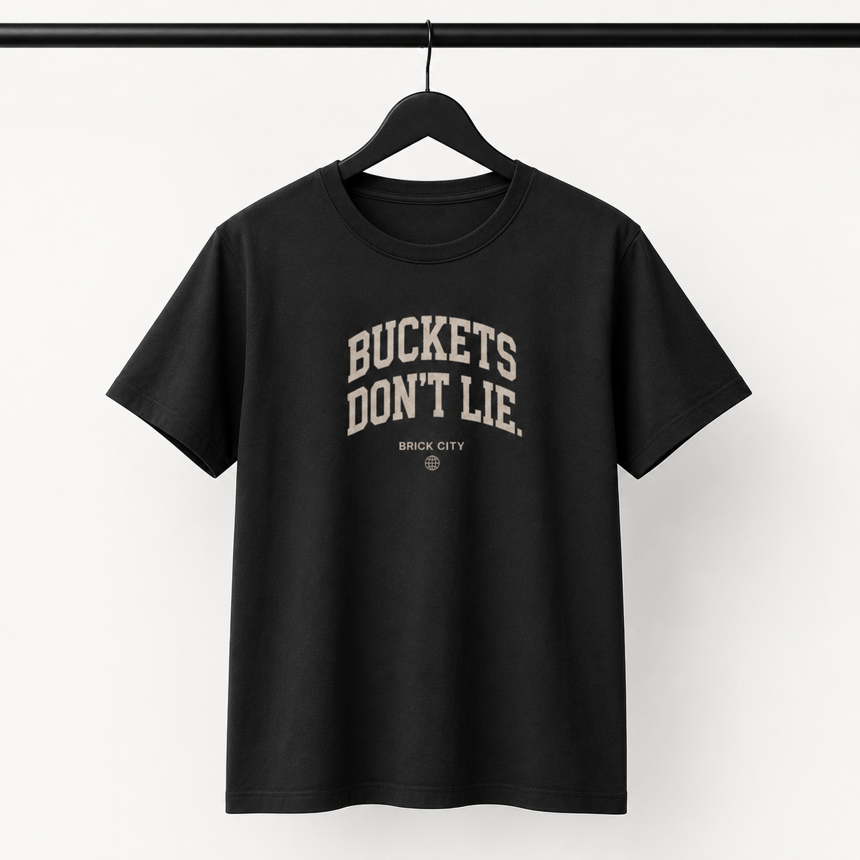Buckets Don’t Lie T-Shirt by Brick City on a studio product mockup