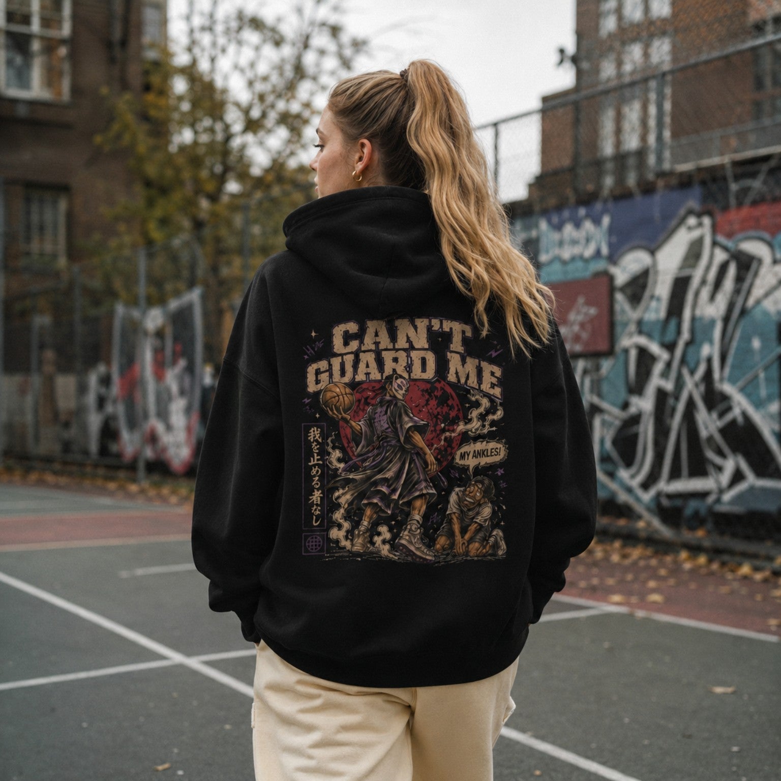 Can’t Guard Me Oversized Hoodie black back print basketball graphic
