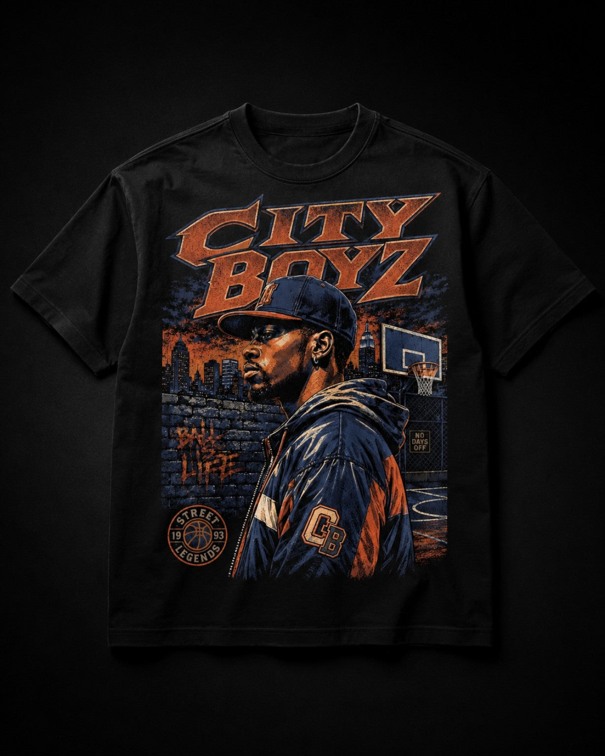 City Boyz Tee black t-shirt product mockup on dark background