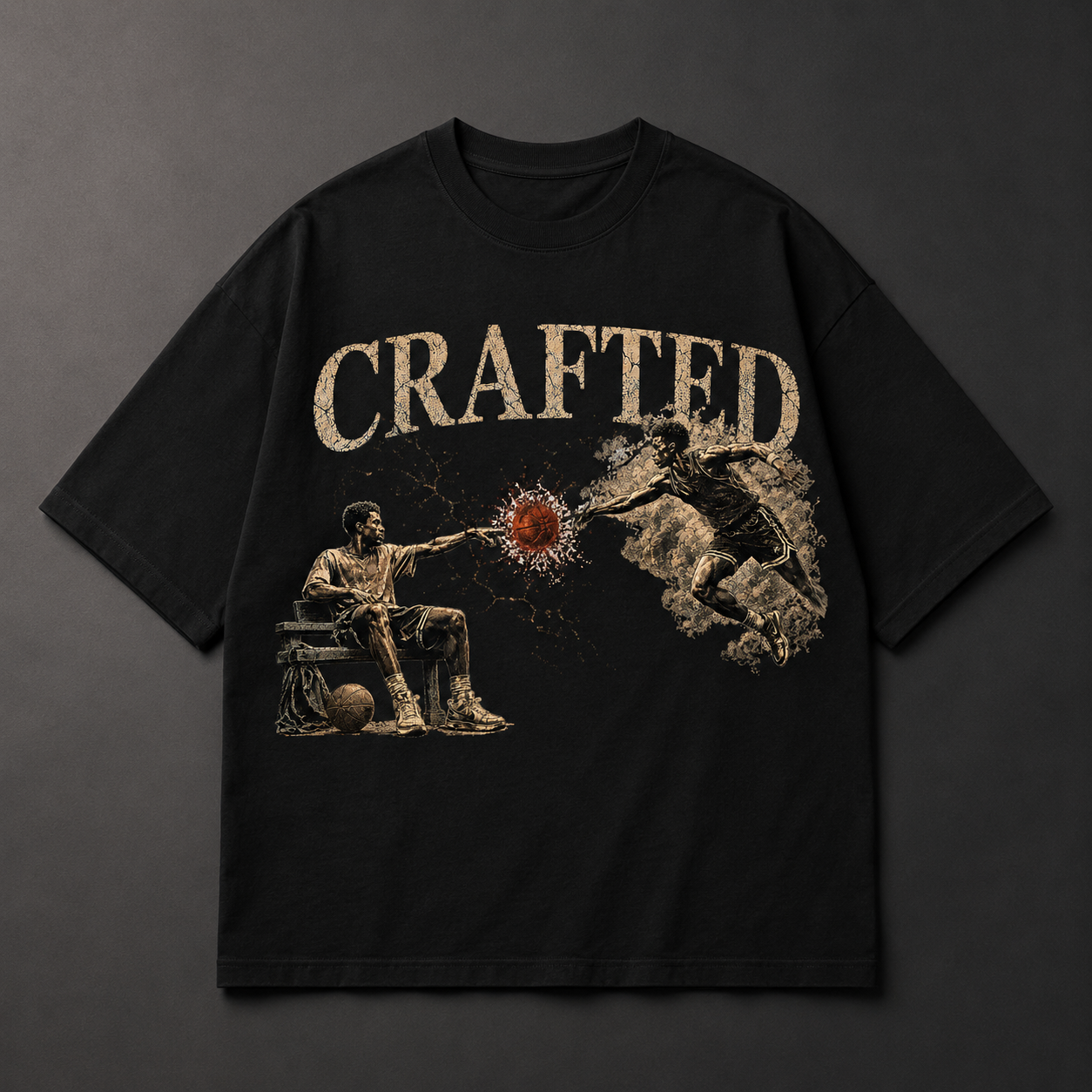 Black t-shirt with 'CRAFTED' graphic design on a dark background