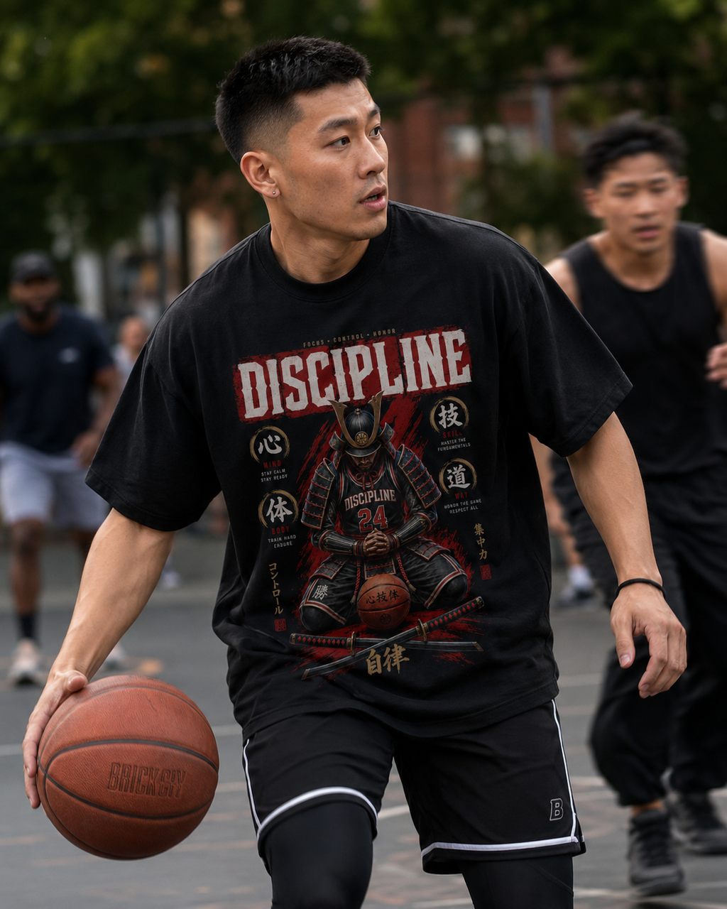 Discipline Tee worn in outdoor basketball court lifestyle mockup