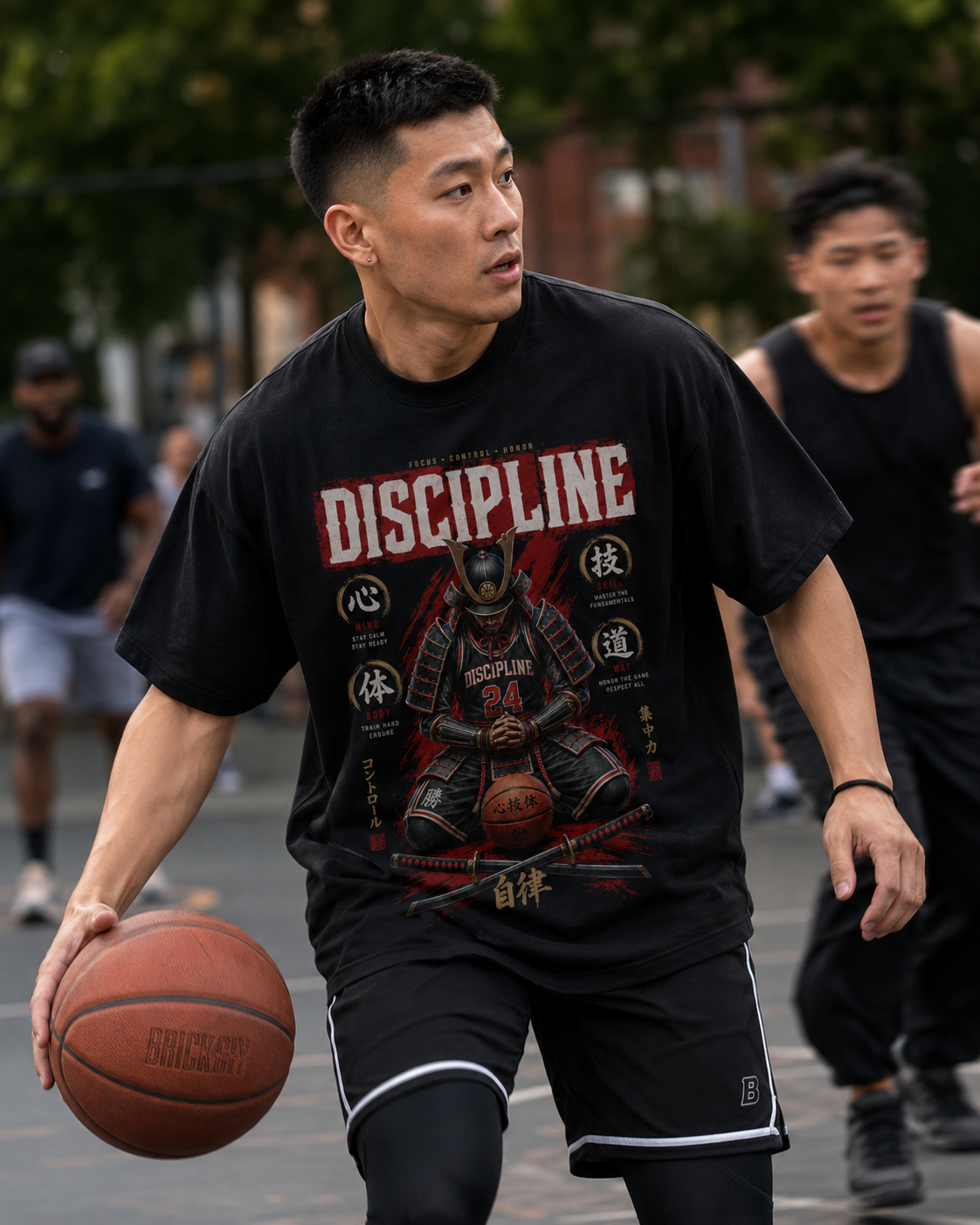 Discipline Tee worn in outdoor basketball court lifestyle mockup