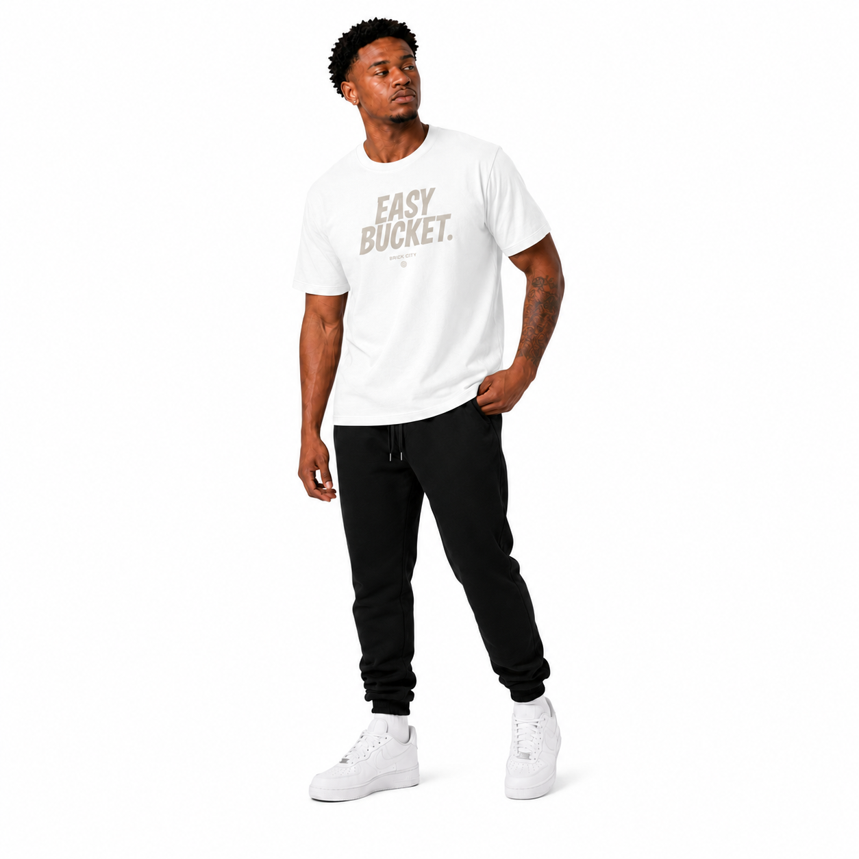 Easy Bucket T-Shirt on Brick City model in studio view two