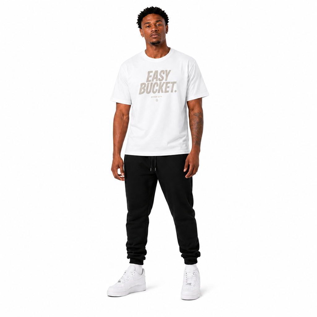 Easy Bucket T-Shirt on Brick City model in studio view four