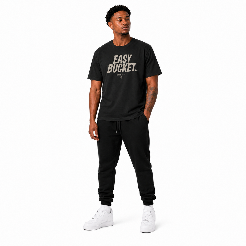 Easy Bucket T-Shirt on Brick City model in studio view five