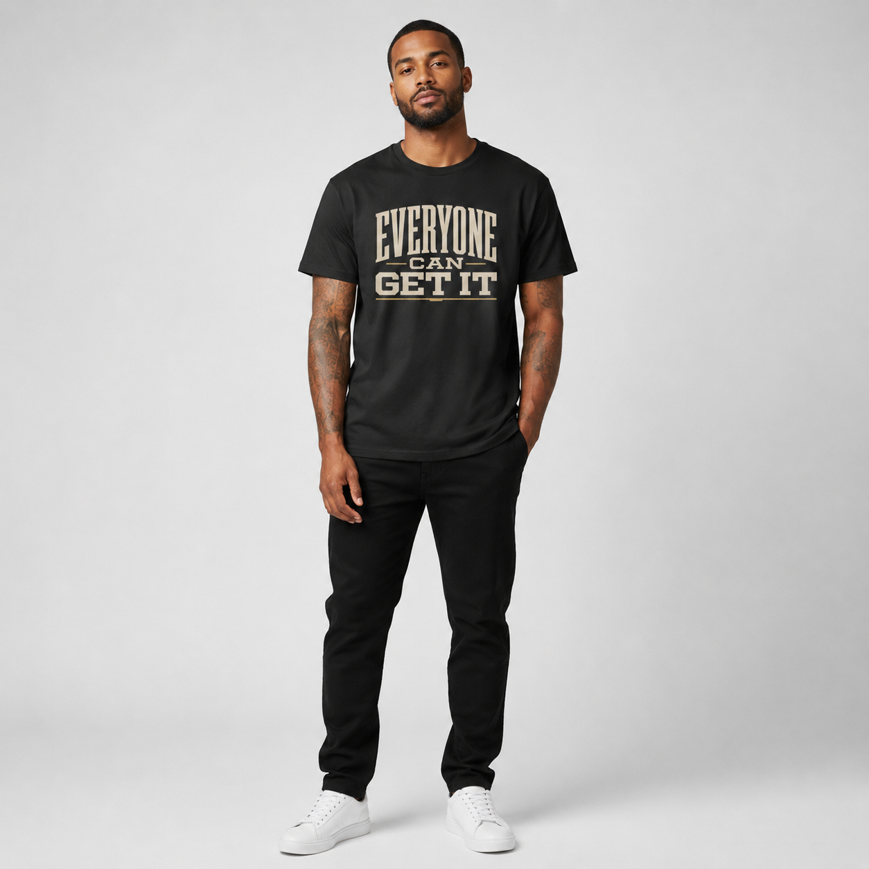 Everyone Can Get It black T-shirt front view on Brick City model