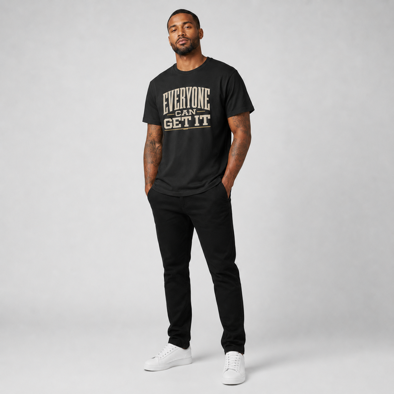 Everyone Can Get It black T-shirt three-quarter view on Brick City model