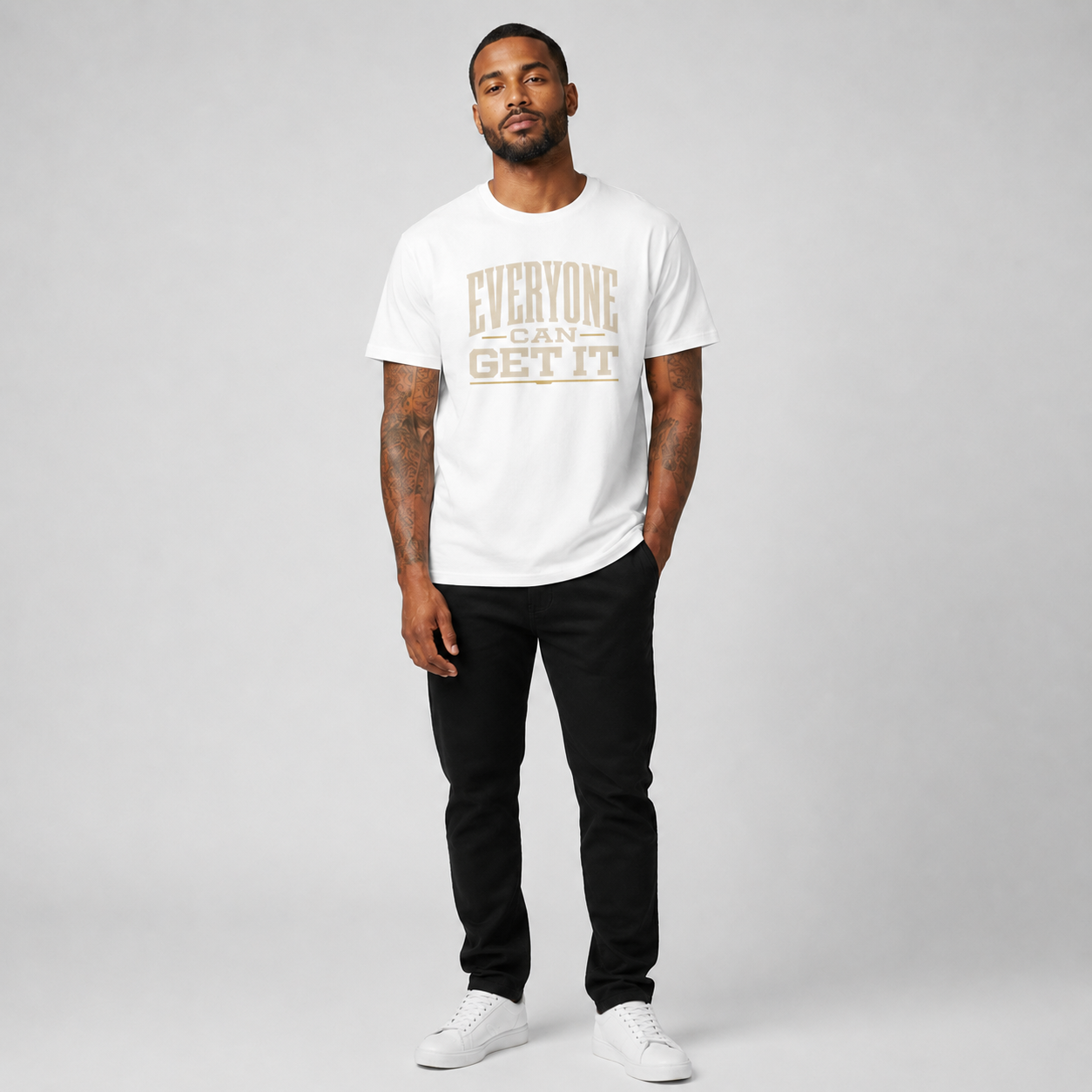 Everyone Can Get It white T-shirt front view on Brick City model