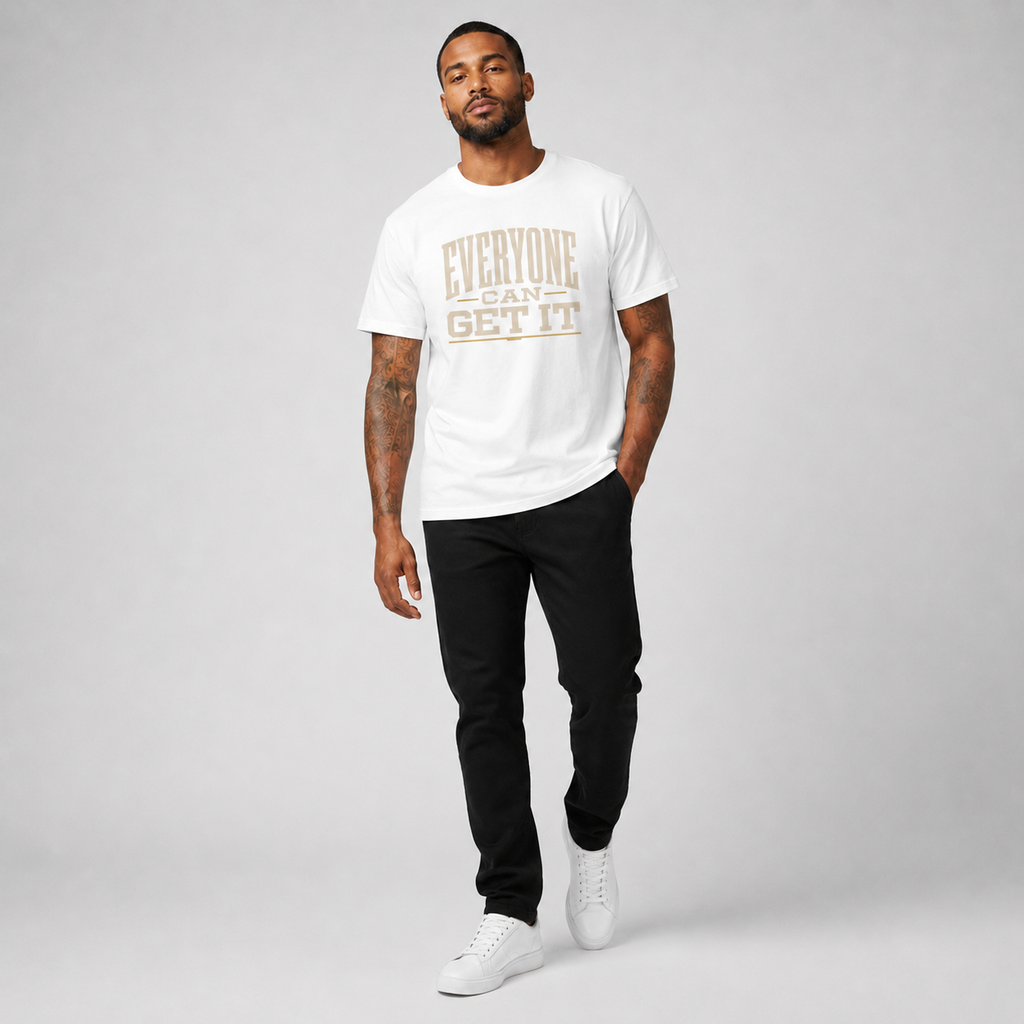 Everyone Can Get It white T-shirt walking pose on Brick City model