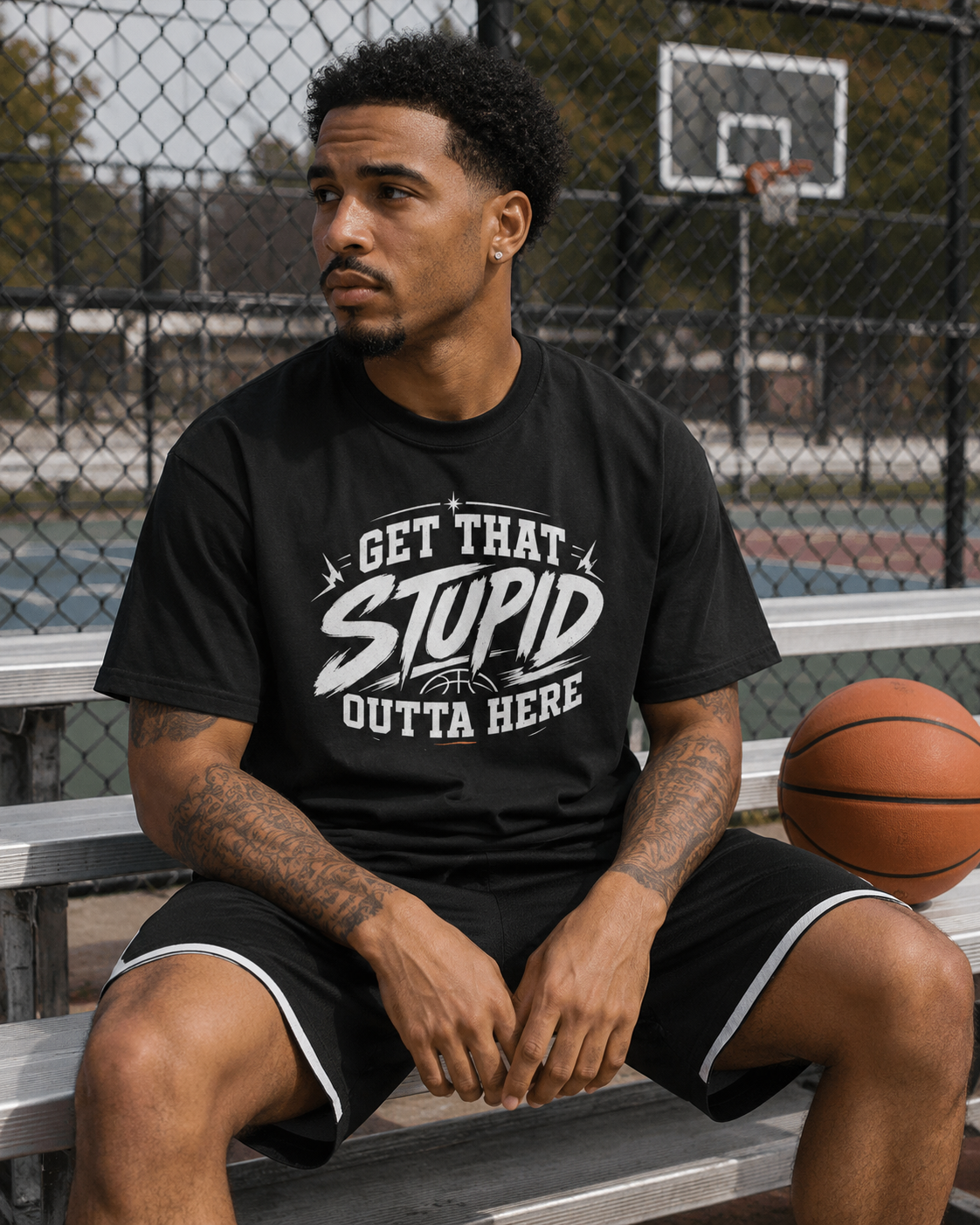Get That Outta Here Tee courtside basketball lifestyle mockup
