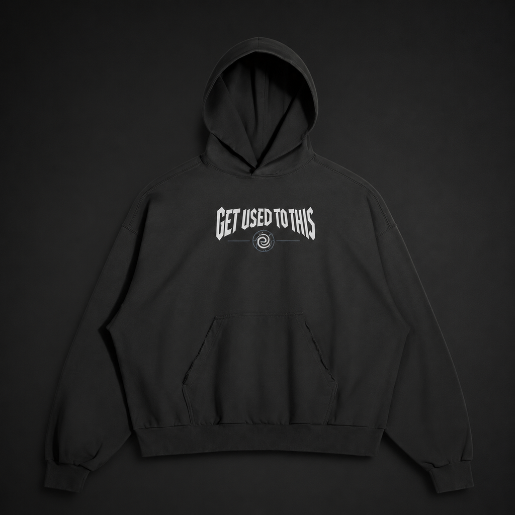 Get Used To This black oversized basketball hoodie, front view flat lay