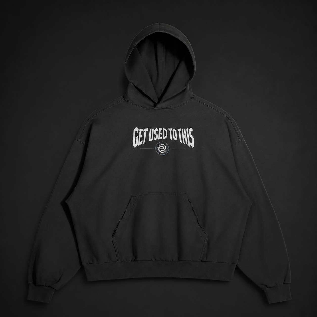 Get Used To This black oversized basketball hoodie, front view flat lay