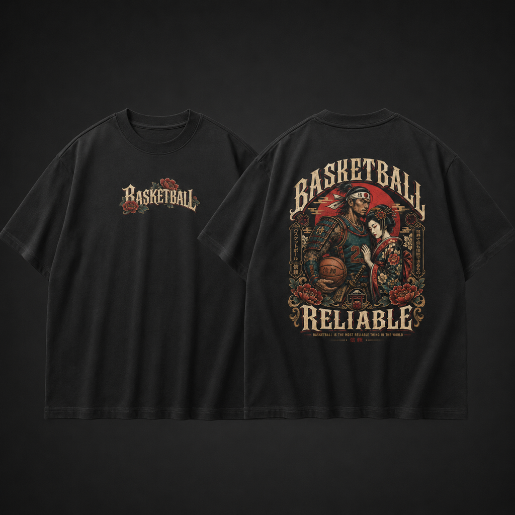 Good Old Reliable Tee black oversized Japanese basketball graphic t-shirt product mockup
