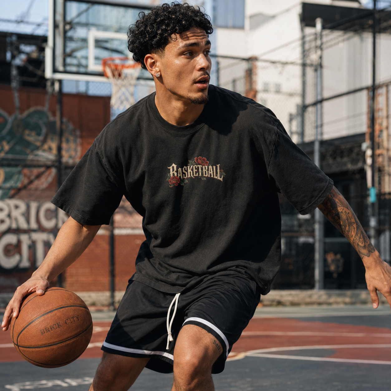 Good Old Reliable Tee worn in outdoor basketball court lifestyle mockup