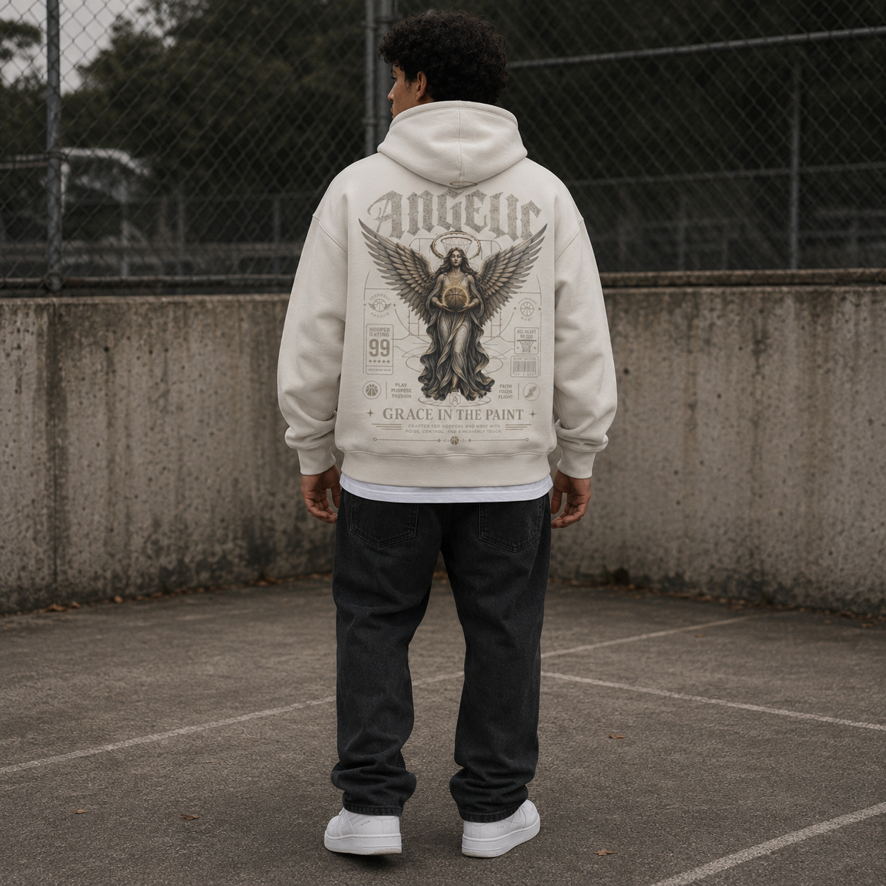Grace in the Paint Oversized Hoodie light beige back print basketball lifestyle