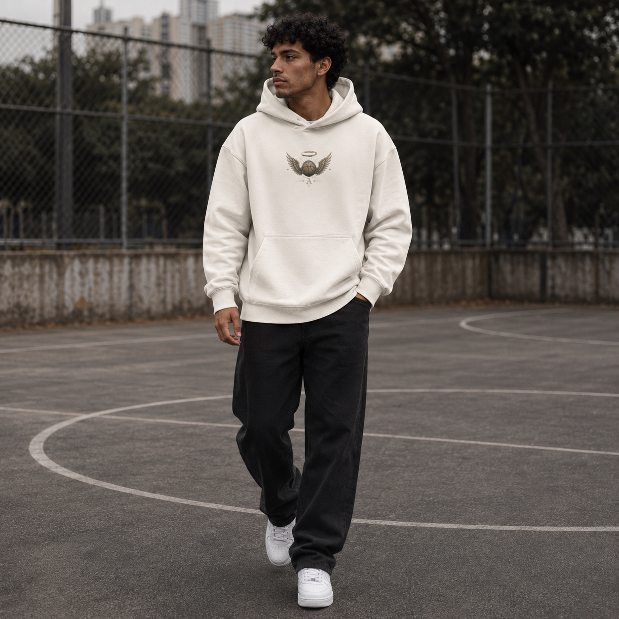 Grace in the Paint Oversized Hoodie light beige front walking court lifestyle