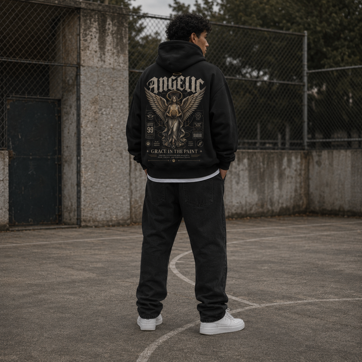 Grace in the Paint Oversized Hoodie black back print standing lifestyle