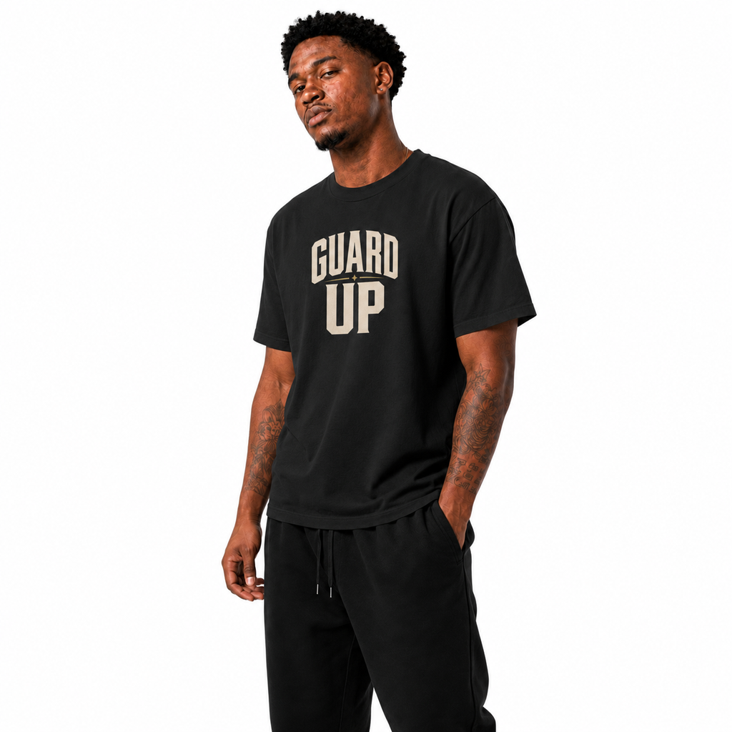 Guard Up T-Shirt on Brick City model in studio view three
