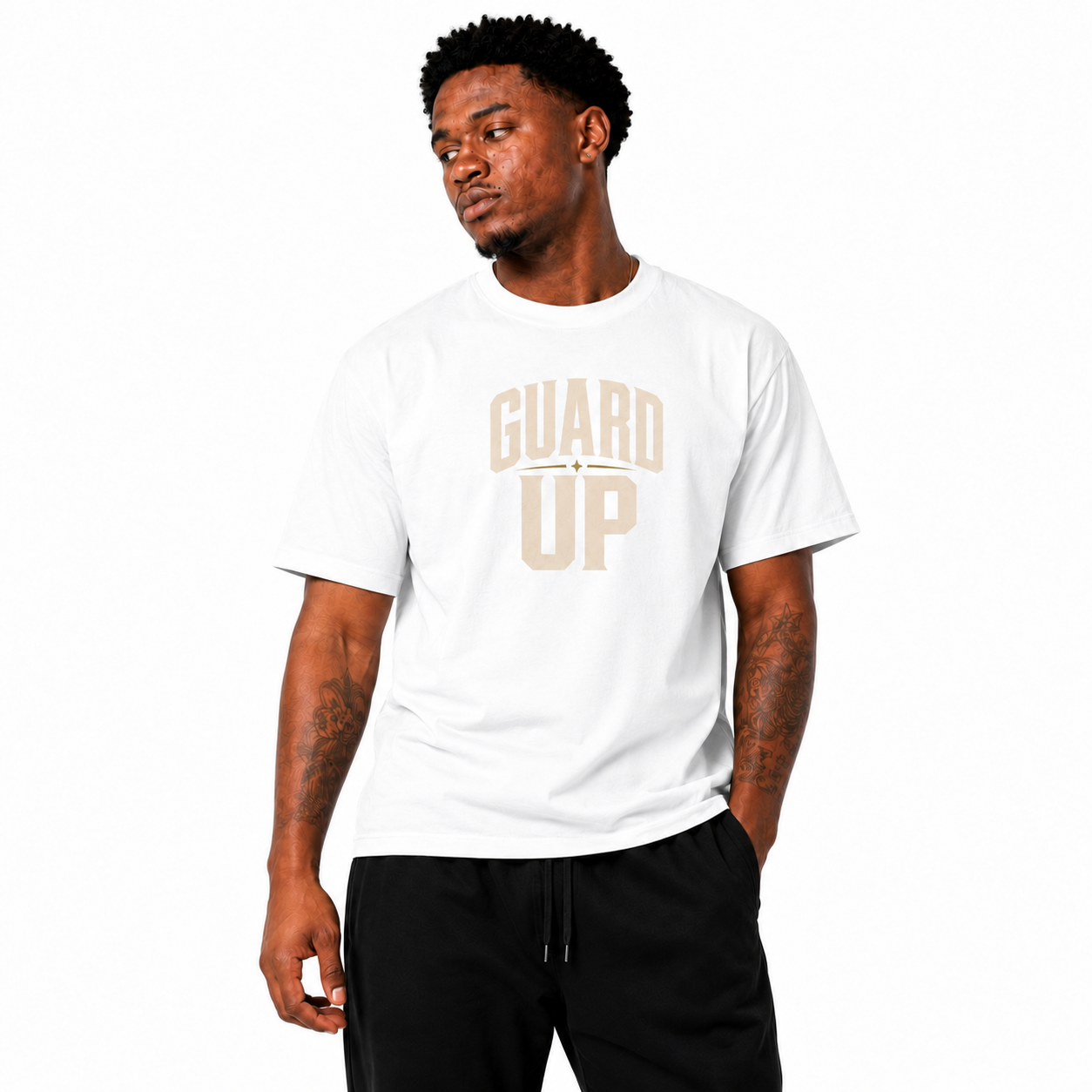 Guard Up T-Shirt on Brick City model in studio view four