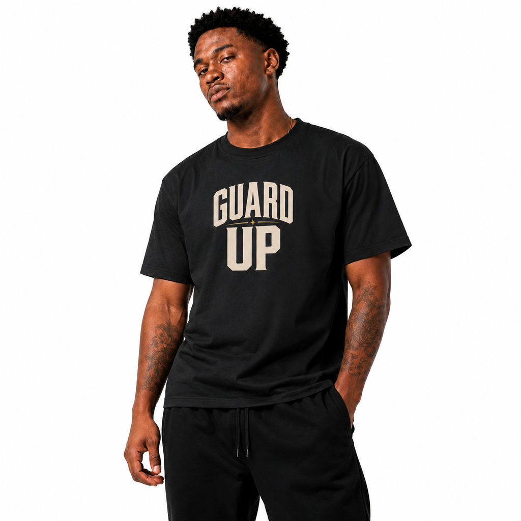 Guard Up T-Shirt on Brick City model in studio view five