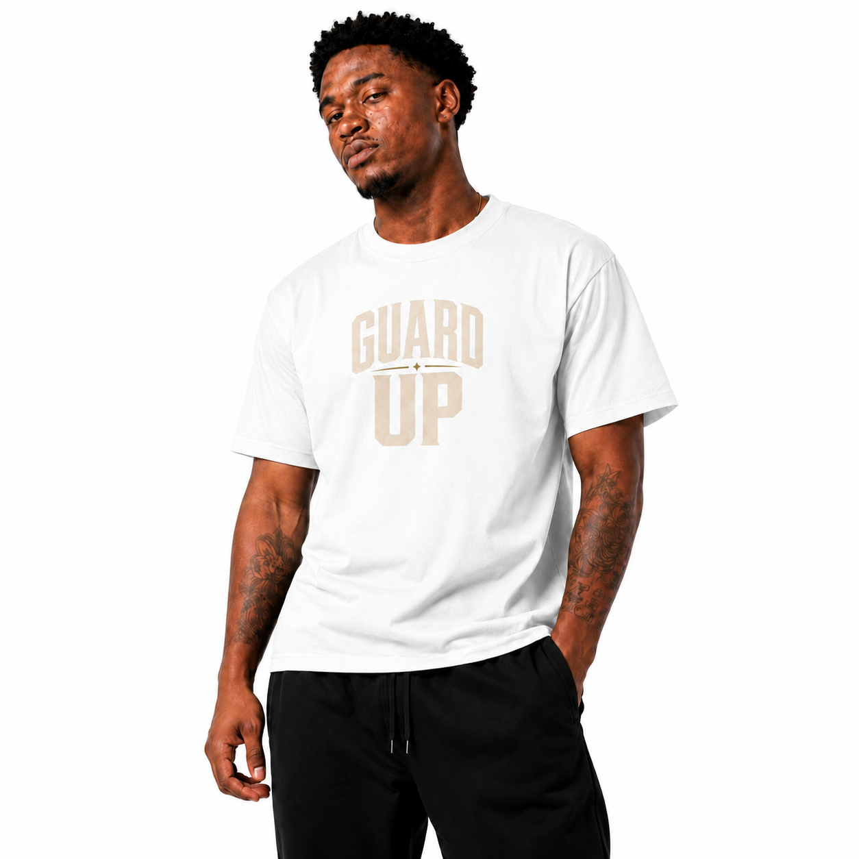 Guard Up T-Shirt on Brick City model in studio view six