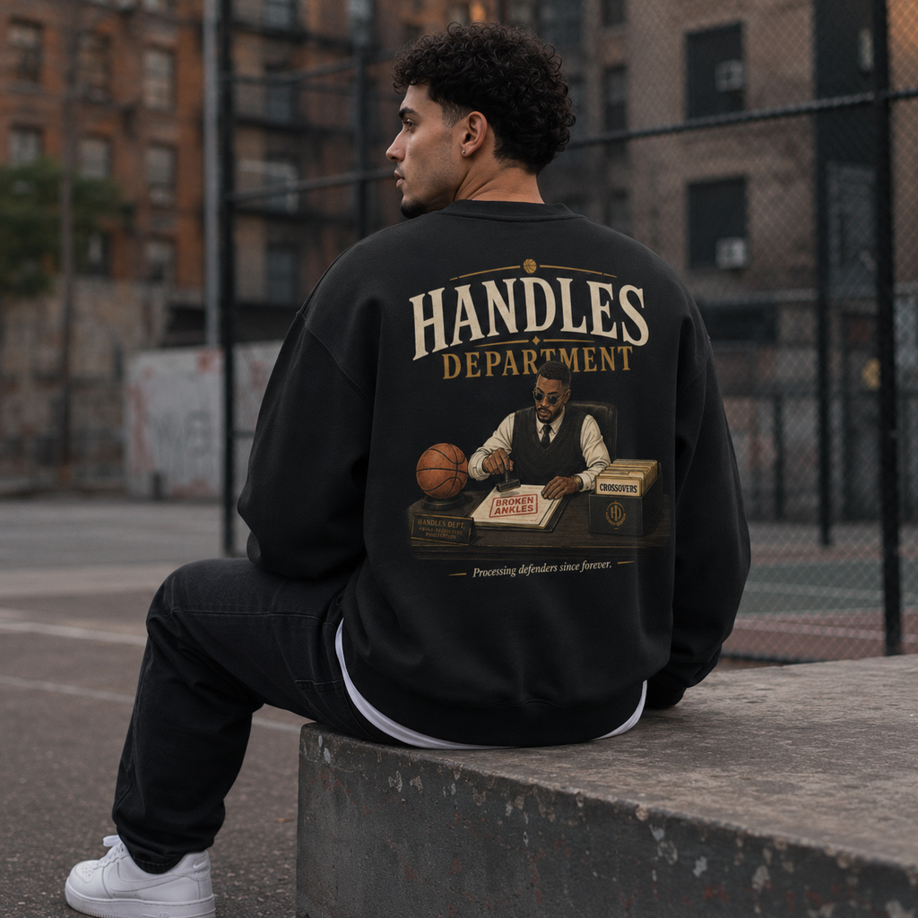Handles Department Oversized Sweatshirt black back print seated court lifestyle