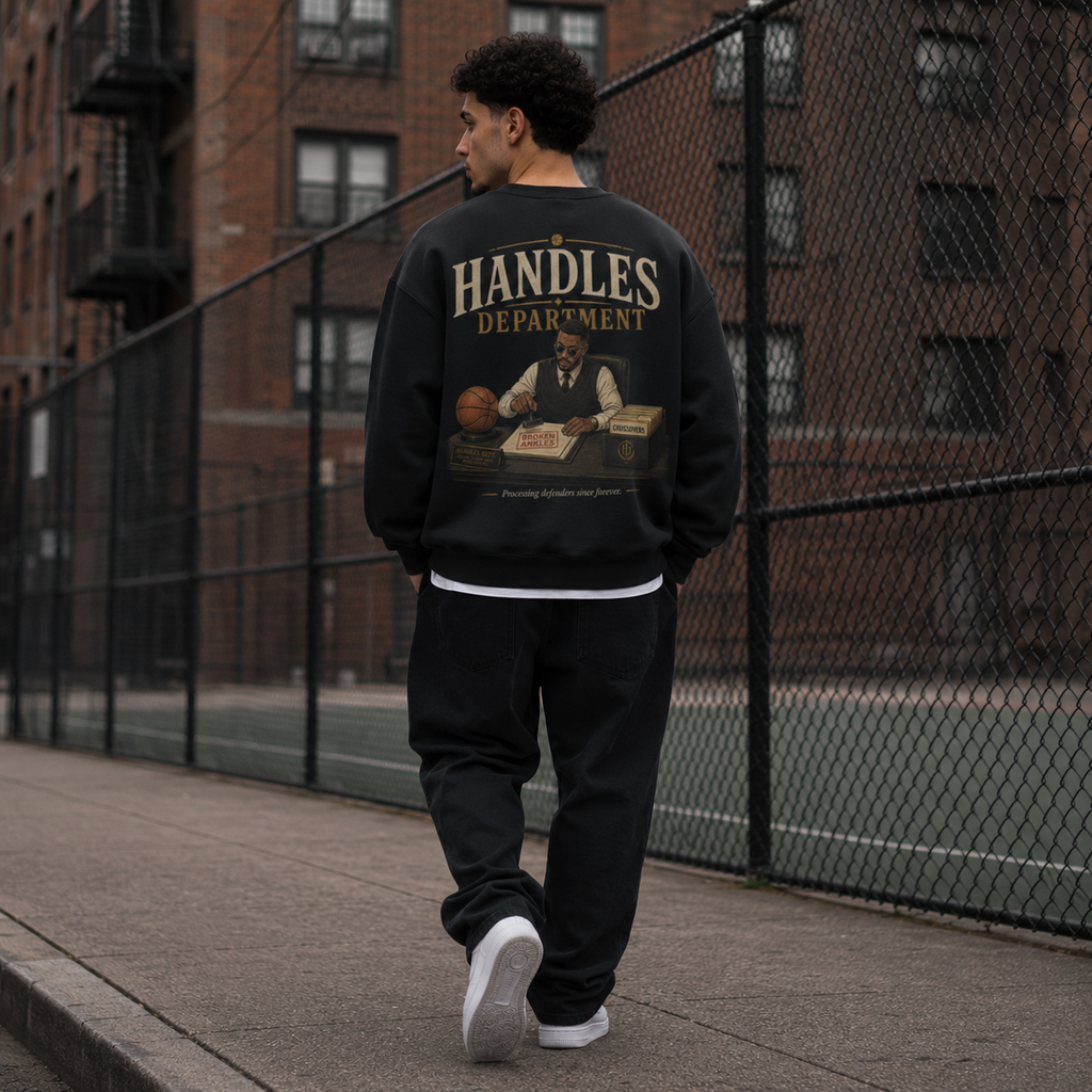 Handles Department Oversized Sweatshirt black back print walking lifestyle