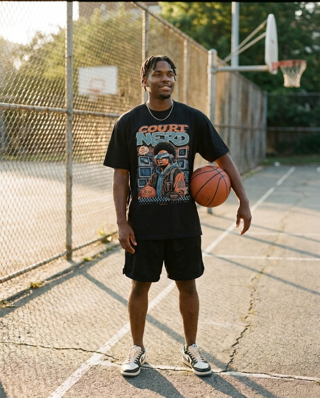 Hoop Nerd Tee outdoor court lifestyle photo