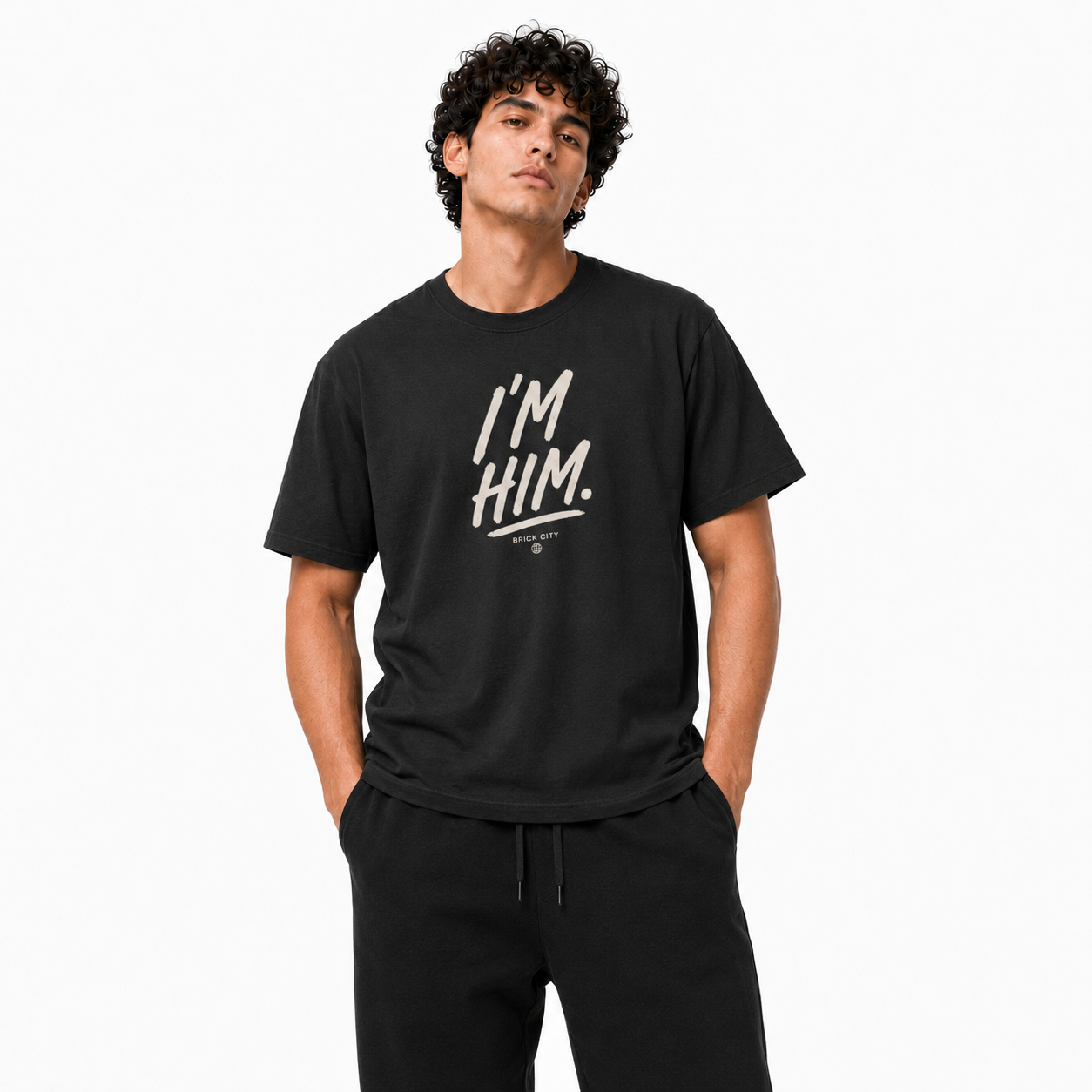 I’m Him T-Shirt on Brick City model in studio view two