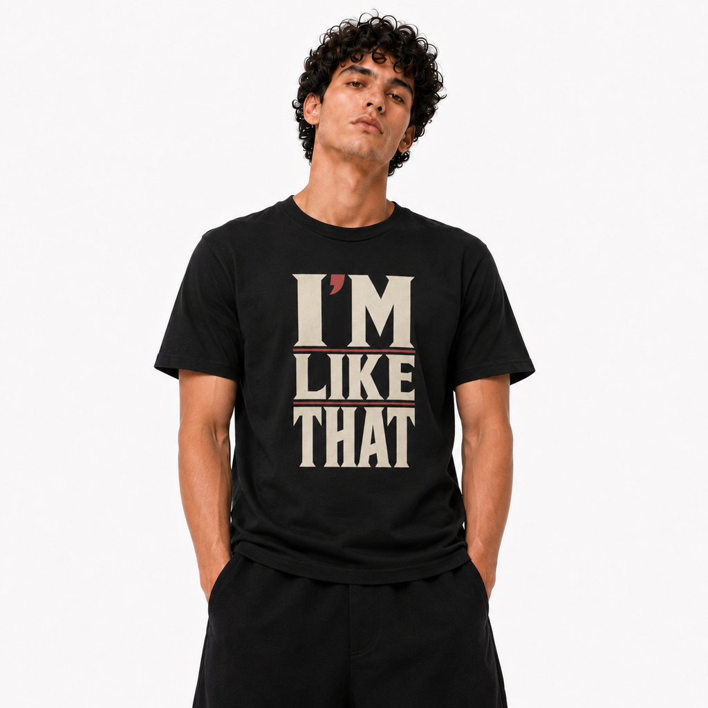 I’m Like That black T-shirt front view on Brick City model