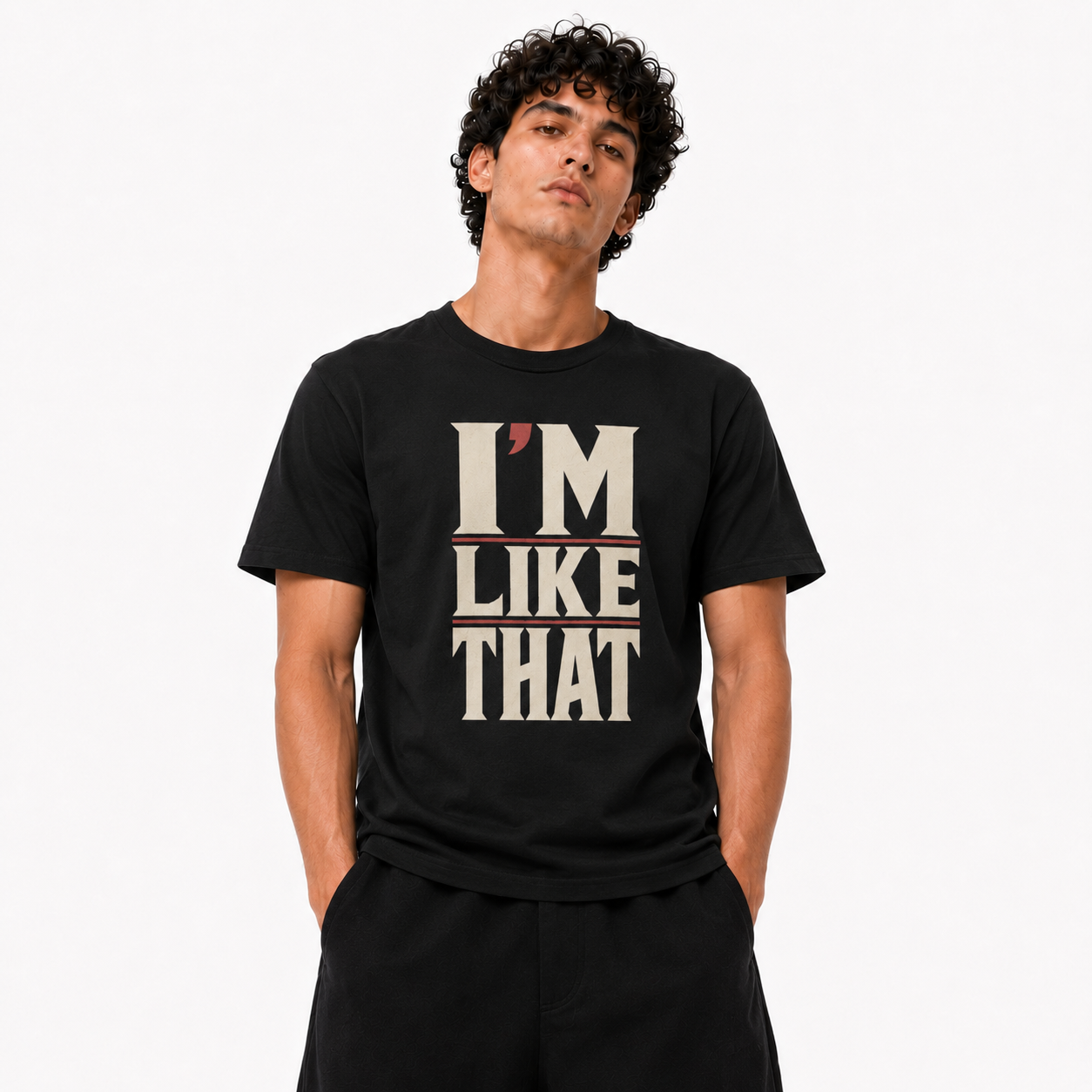 I’m Like That black T-shirt front view on Brick City model